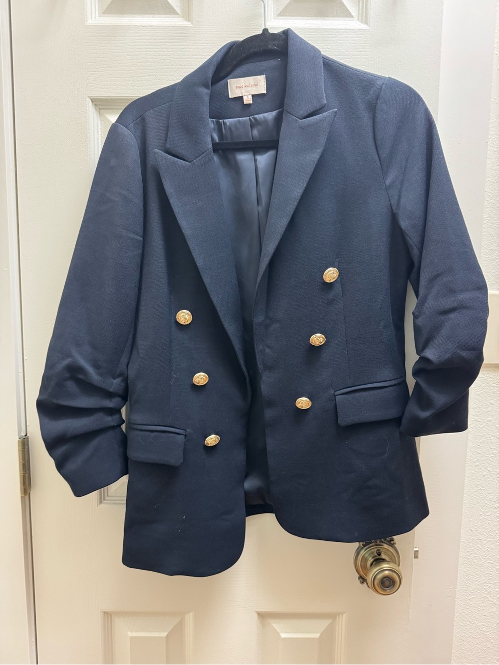 Skies Are Blue Navy Double-Breasted Blazer with Gold Buttons